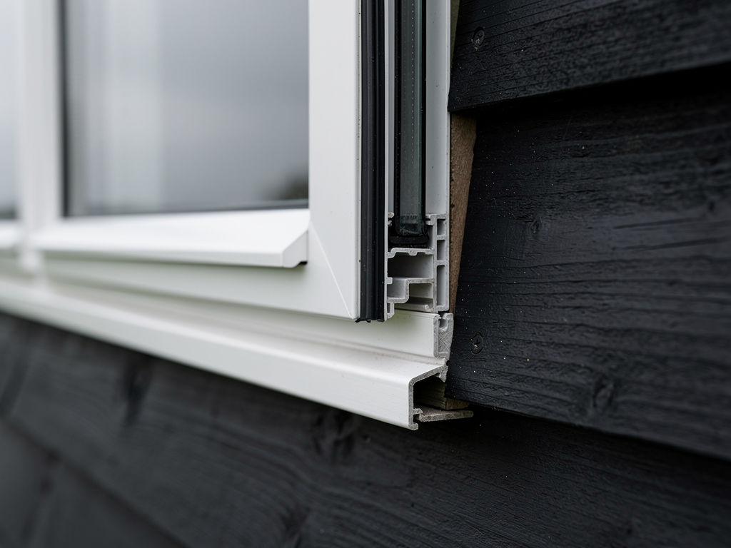 Close-up van wit kunststof kozijnprofiel met dubbelglas in een donker geschilderde houten gevel van een woning
