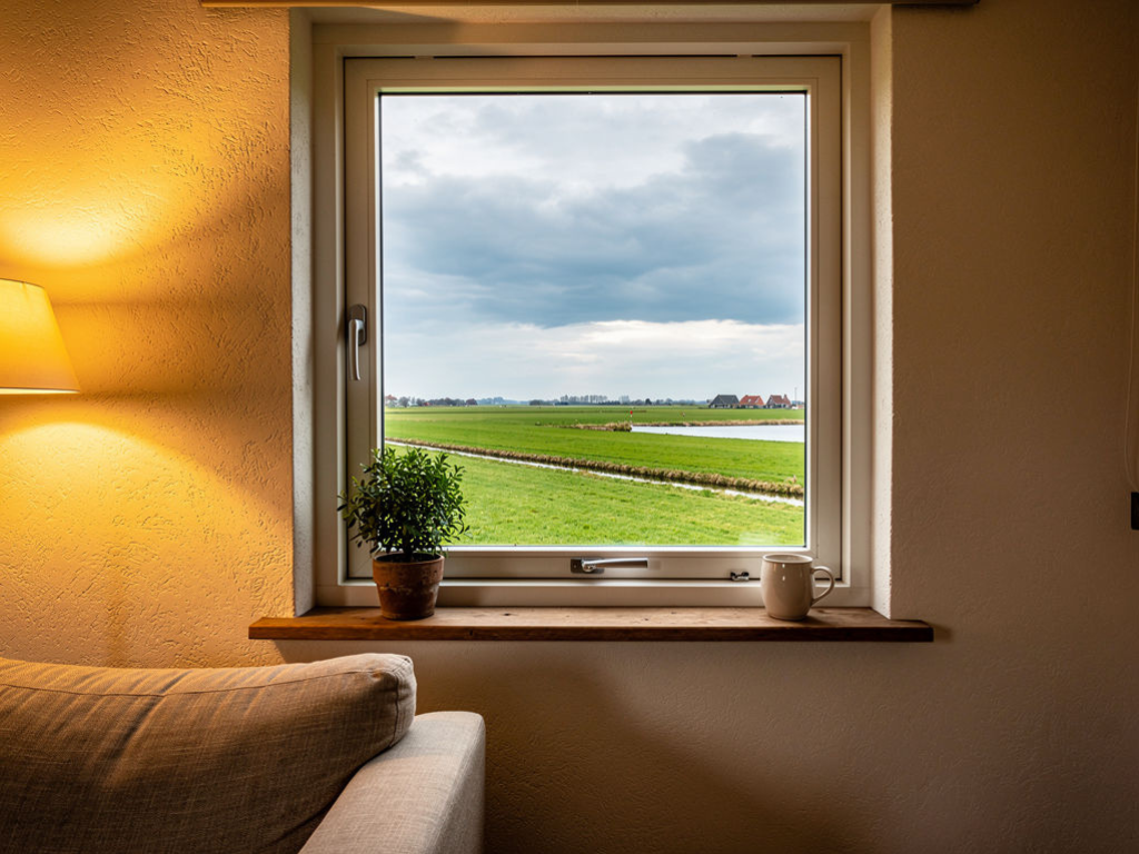 Interieur van een woonkamer met wit kunststof raamkozijn en uitzicht op een groen polderweiland in Staphorst