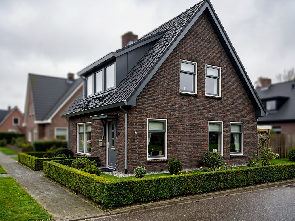 Bakstenen vrijstaande woning in Staphorst met antracietgrijze kunststof kozijnen en een lage voortuin