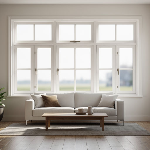 Lichte woonkamer met grote witte kunststof kozijnen en uitzicht op landschap.