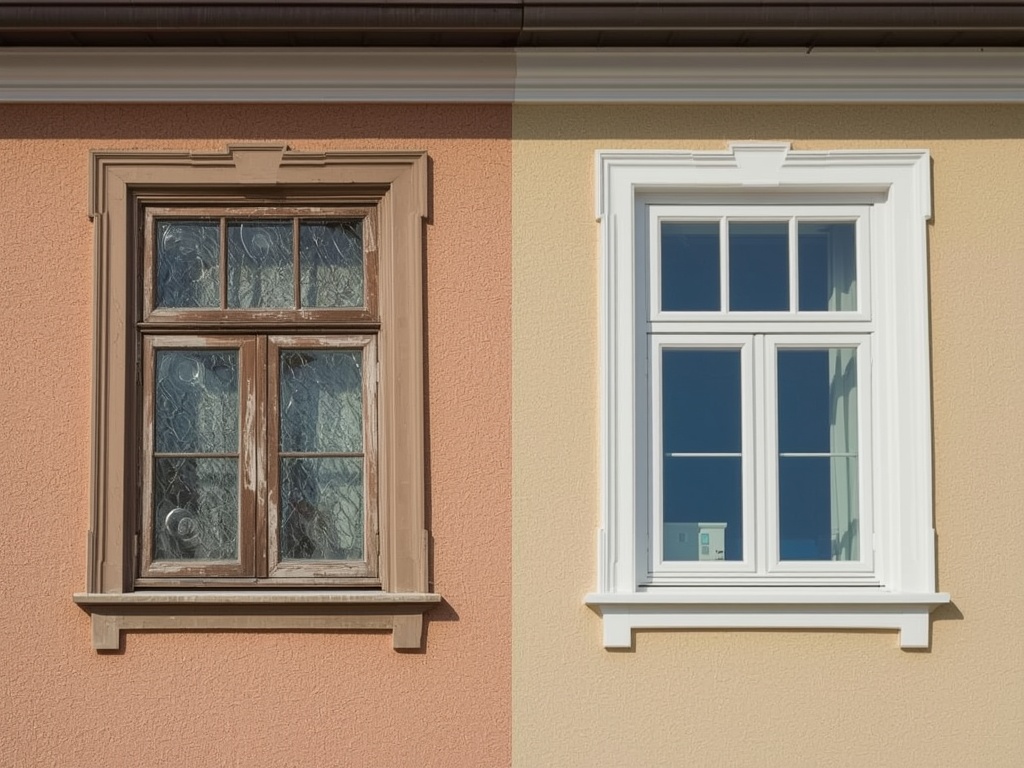Zijkant van huis met oud houten kozijn naast nieuw wit kunststof kozijn.