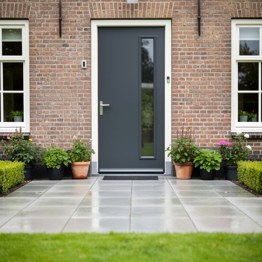 Antraciet kunststof achterdeur met glazen paneel naar terras en planten.