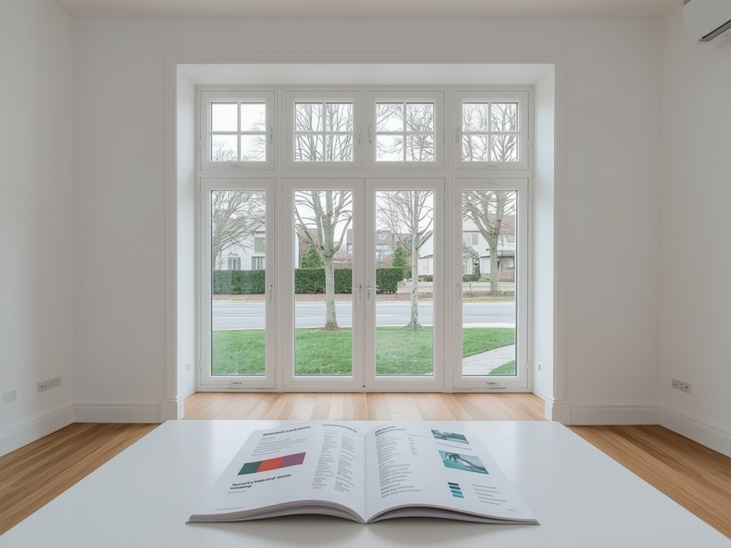 Woonkamer met groot kunststof kozijn en open brochure met prijsinformatie op tafel.