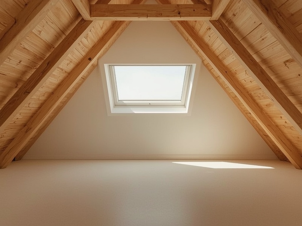 Open wit kunststof dakraam in zolderruimte met houten balken en zacht daglicht.