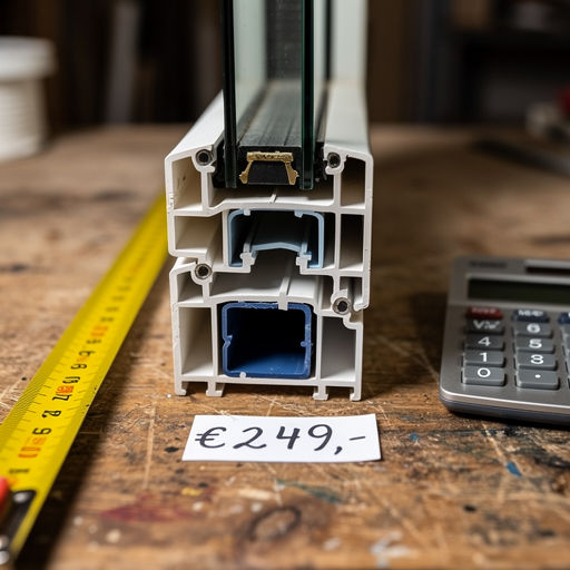Close-up van kunststof kozijnmonster met rolmaat en rekenmachine op werkbank.