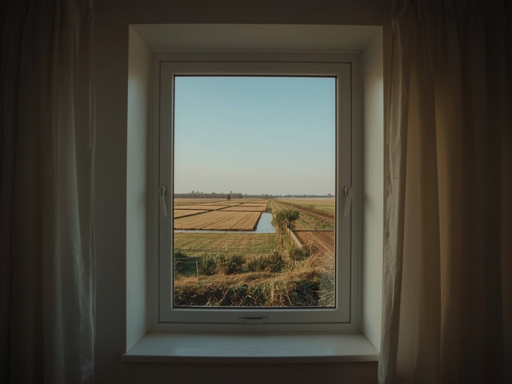 blik vanuit woonkamer in Staphorst door wit kunststof raamkozijn naar polderlandschap